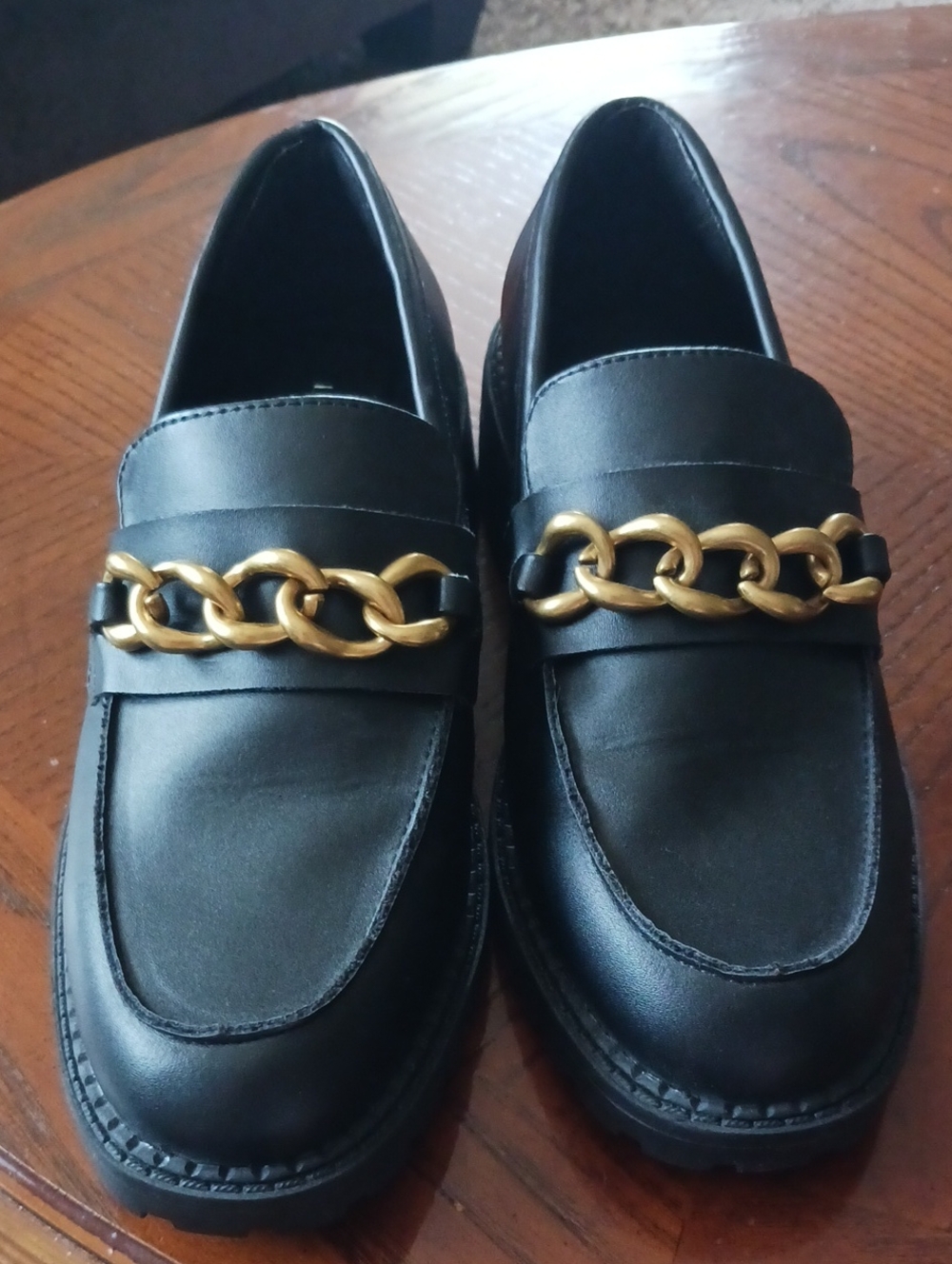 Women's Black Leather Loafers with Gold Chain Accent